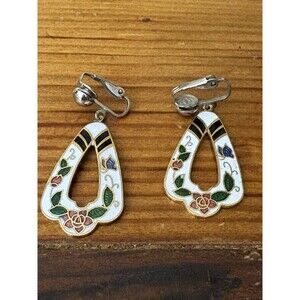 Vintage Cloissonne Dangle Drop Earrings White Floral